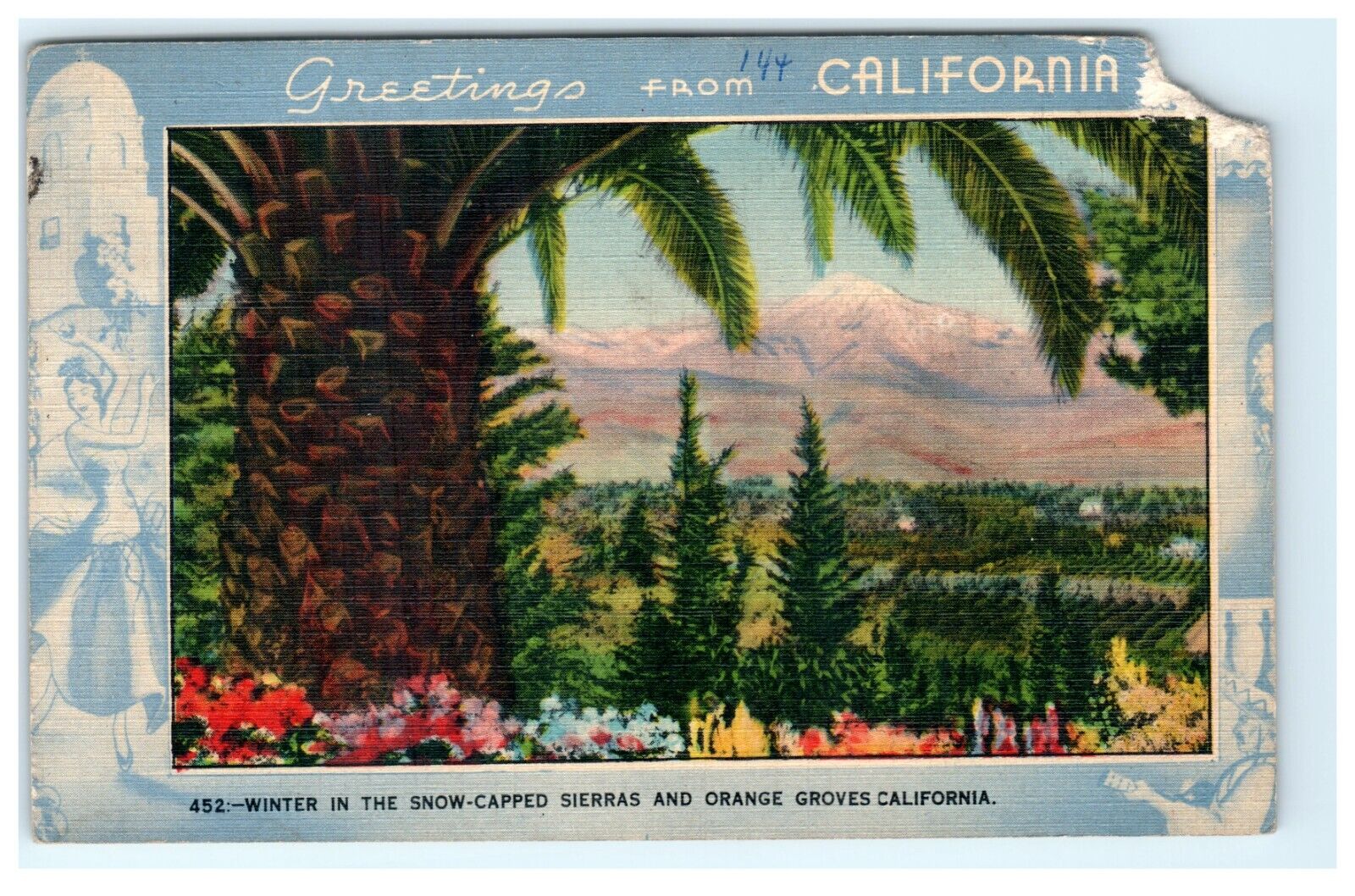 1944 Greetings From California CA California Postcard View - Damaged \ Torn