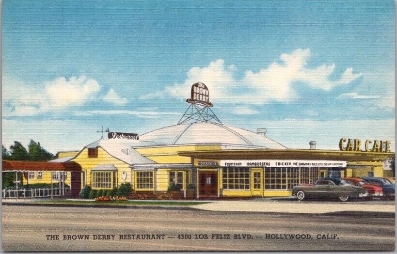 1940s HOLLYWOOD, California Postcard BROWN DERBY RESTAURANT 4500 Los Feliz Blvd.