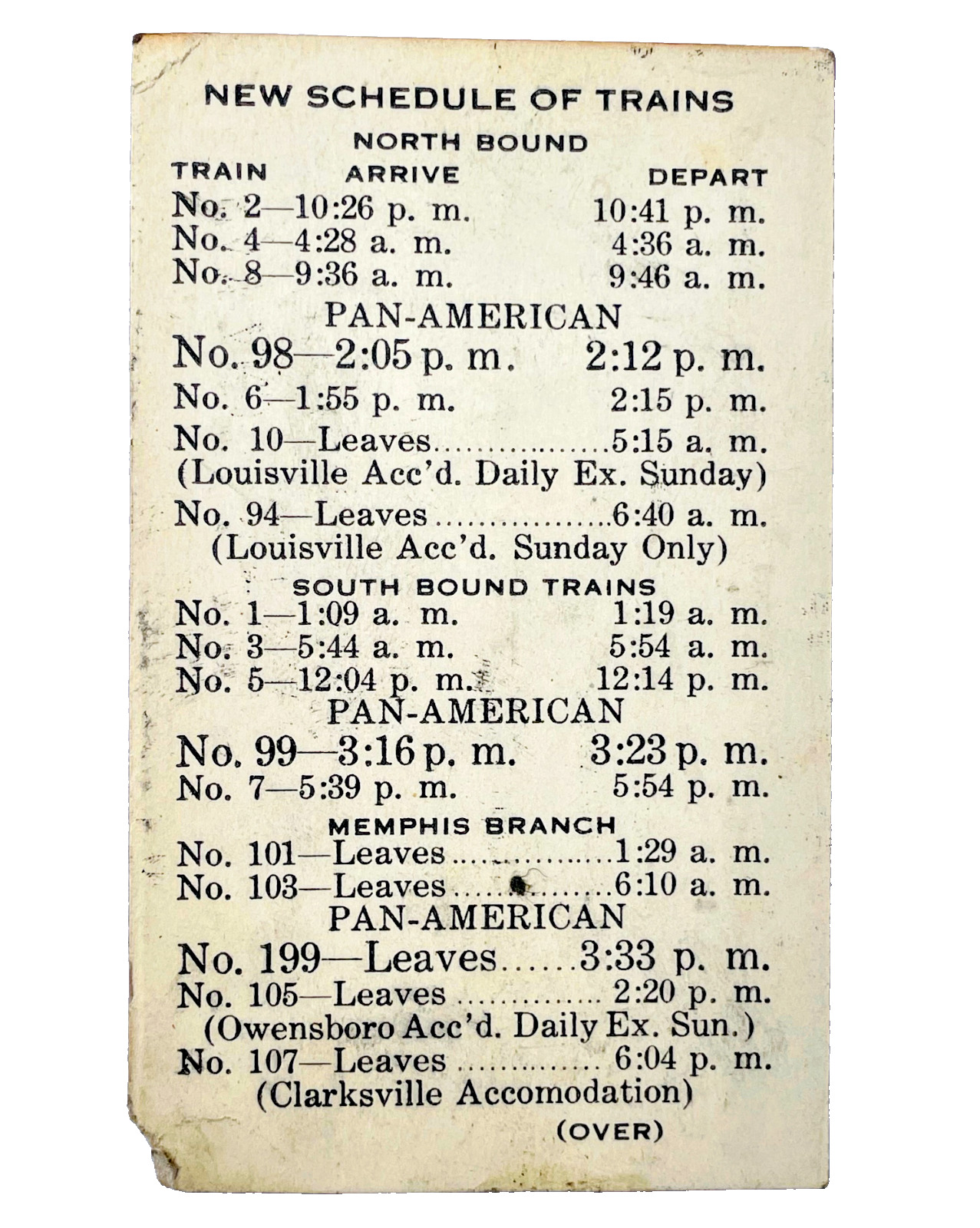 L&N RAILROAD Original Train Schedule Paper Card Taxi Service Railroad Timetable