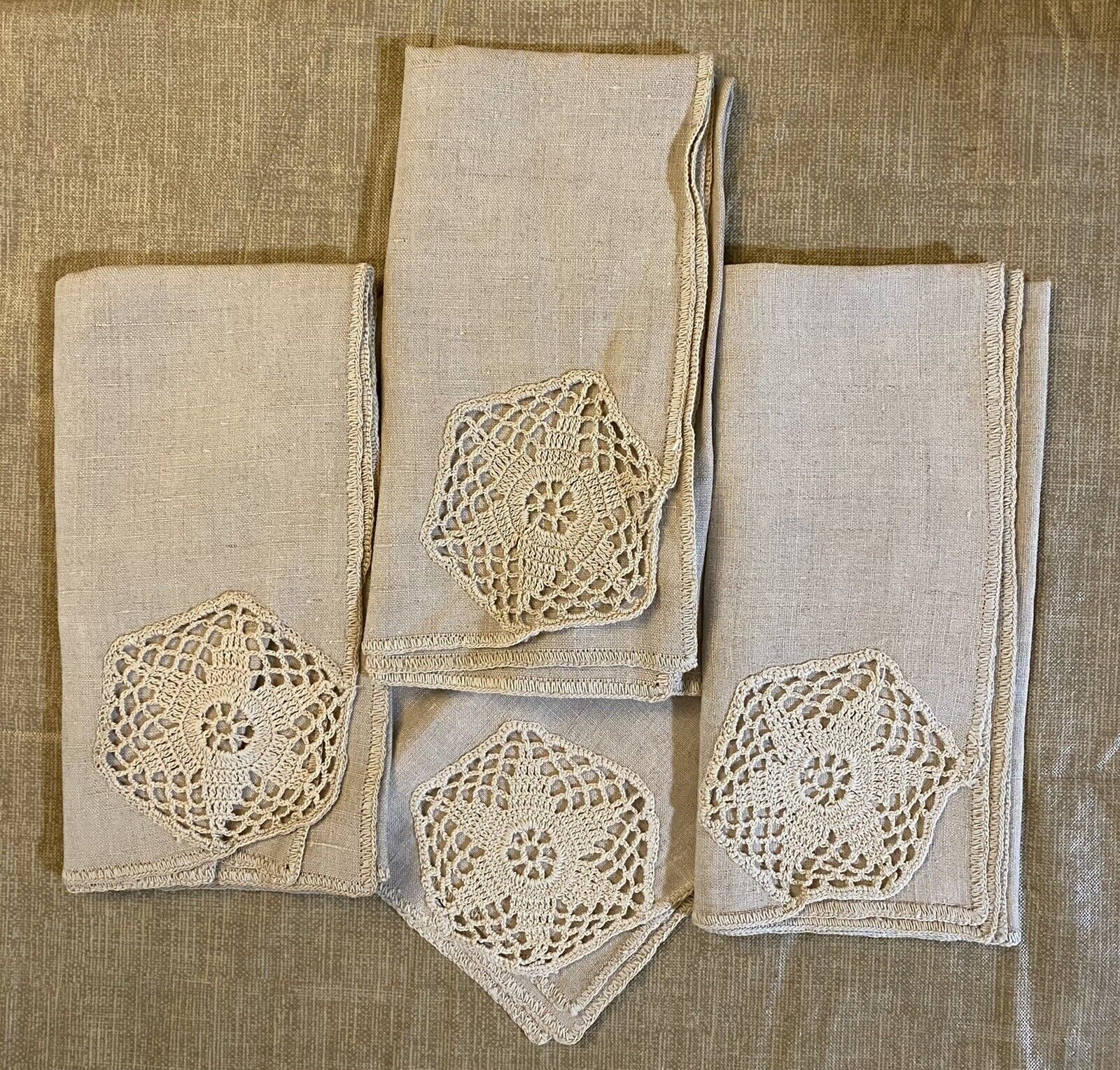 Antique 100% Linen Handmade Medallion Napkins, 18”, Set Of 4