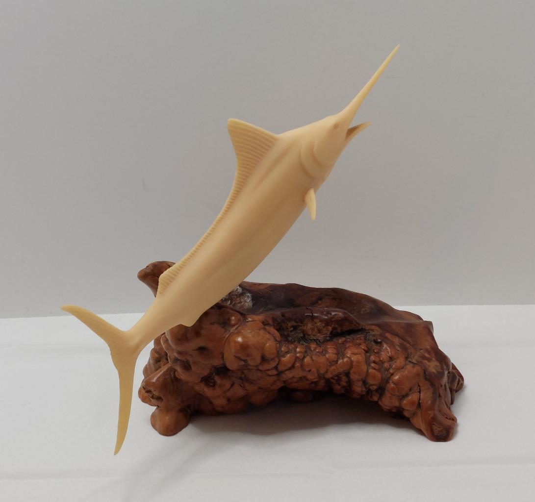 John Perry 11” Ivory Color Marlin Sculpture Figurine On Burl Wood Vintage