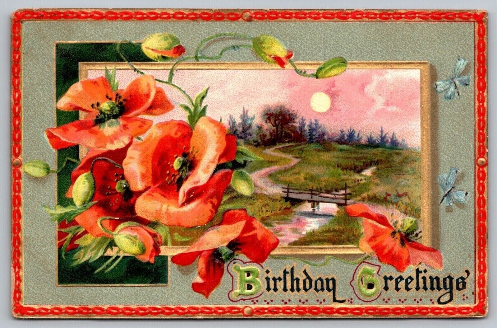 Birthday Greetings Gold Bordered Antique Embellished Postcard UNP WOB Note Tucks