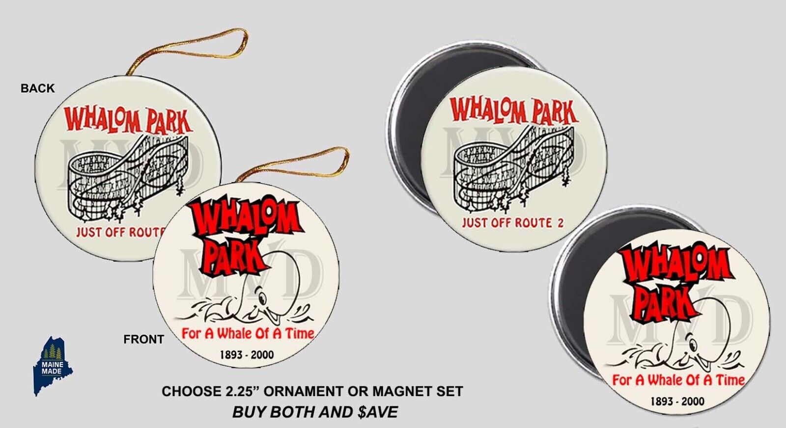 WHALOM PARK Ornament / Magnet Set - Vintage Collectible Defunct Amusement MA