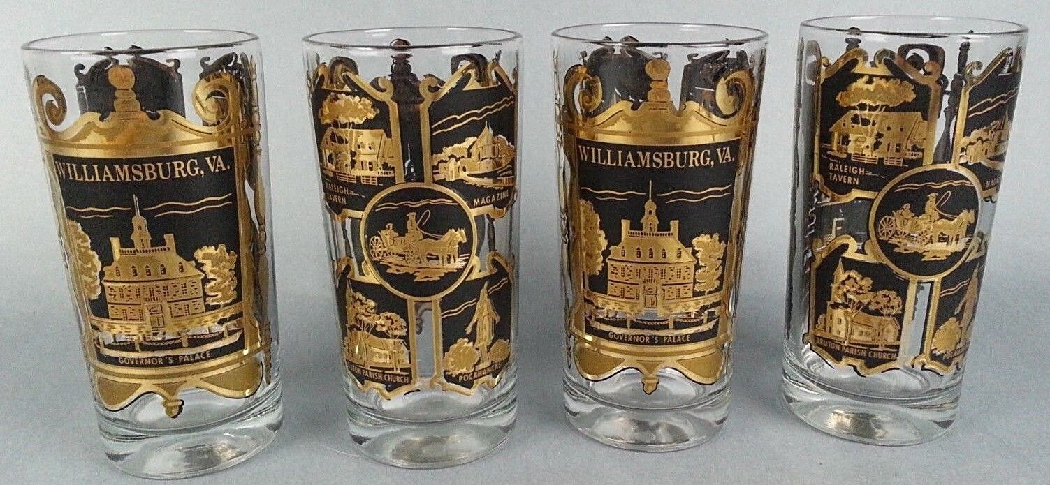 4 Vintage Tumbler Glasses Black Gold Williamsburg VA Souvenir Governors Palace