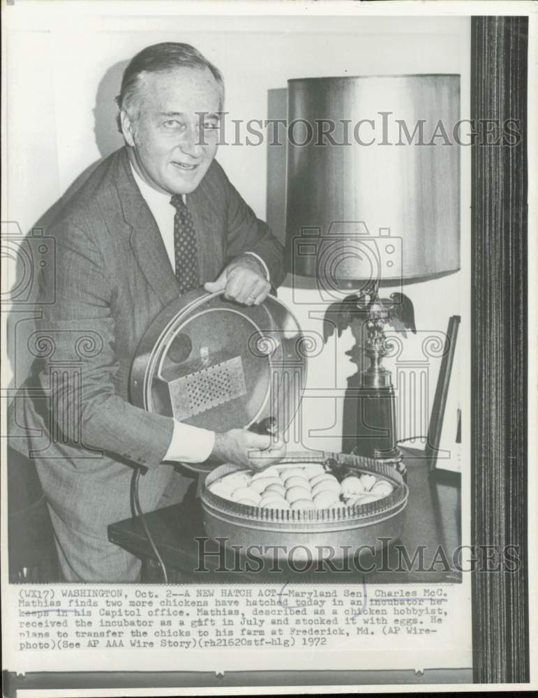 1972 Press Photo Charles Mathias checks an incubator in his office in Washington