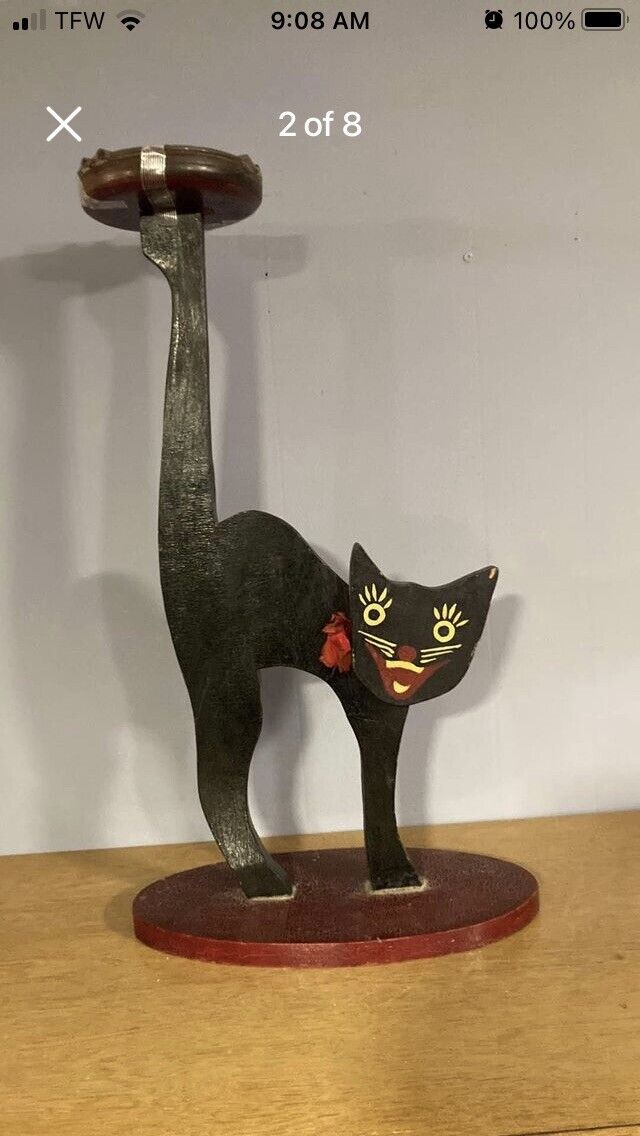 Vtg Antique Halloween Black Cat carnival glass cig holder wooden Folk Art 24”