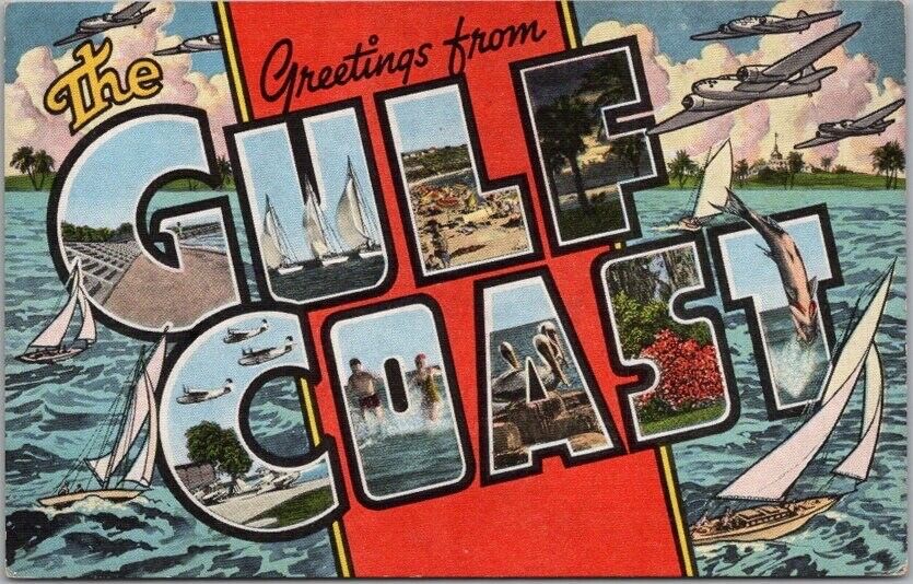 GULF COAST Alabama Large Letter Postcard Sailing Scene / KROPP Linen Unused