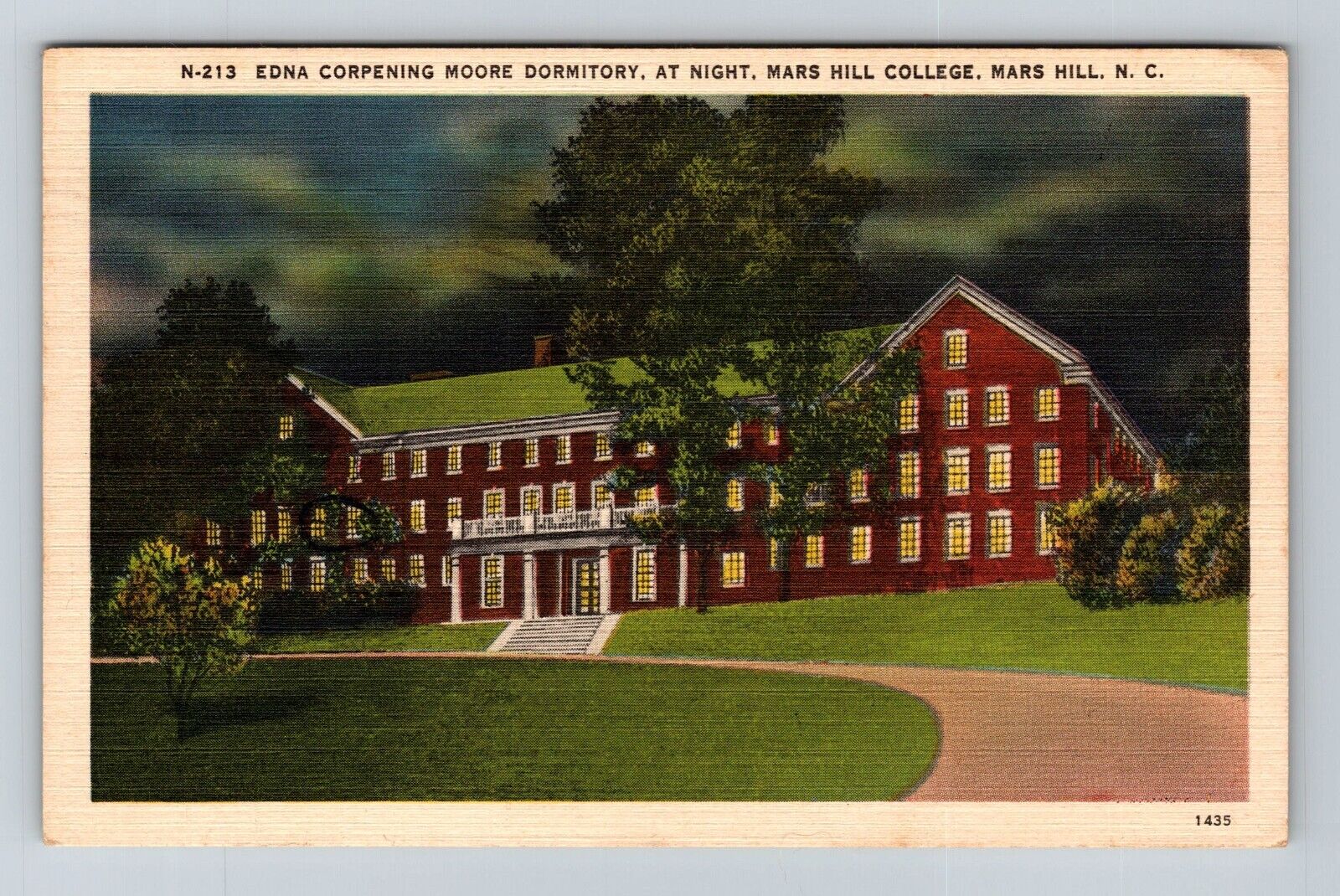 Vtg postcard posted 1953 EDNA CORPENING MOORE DORM, MARS HILL COLLEGE, NC