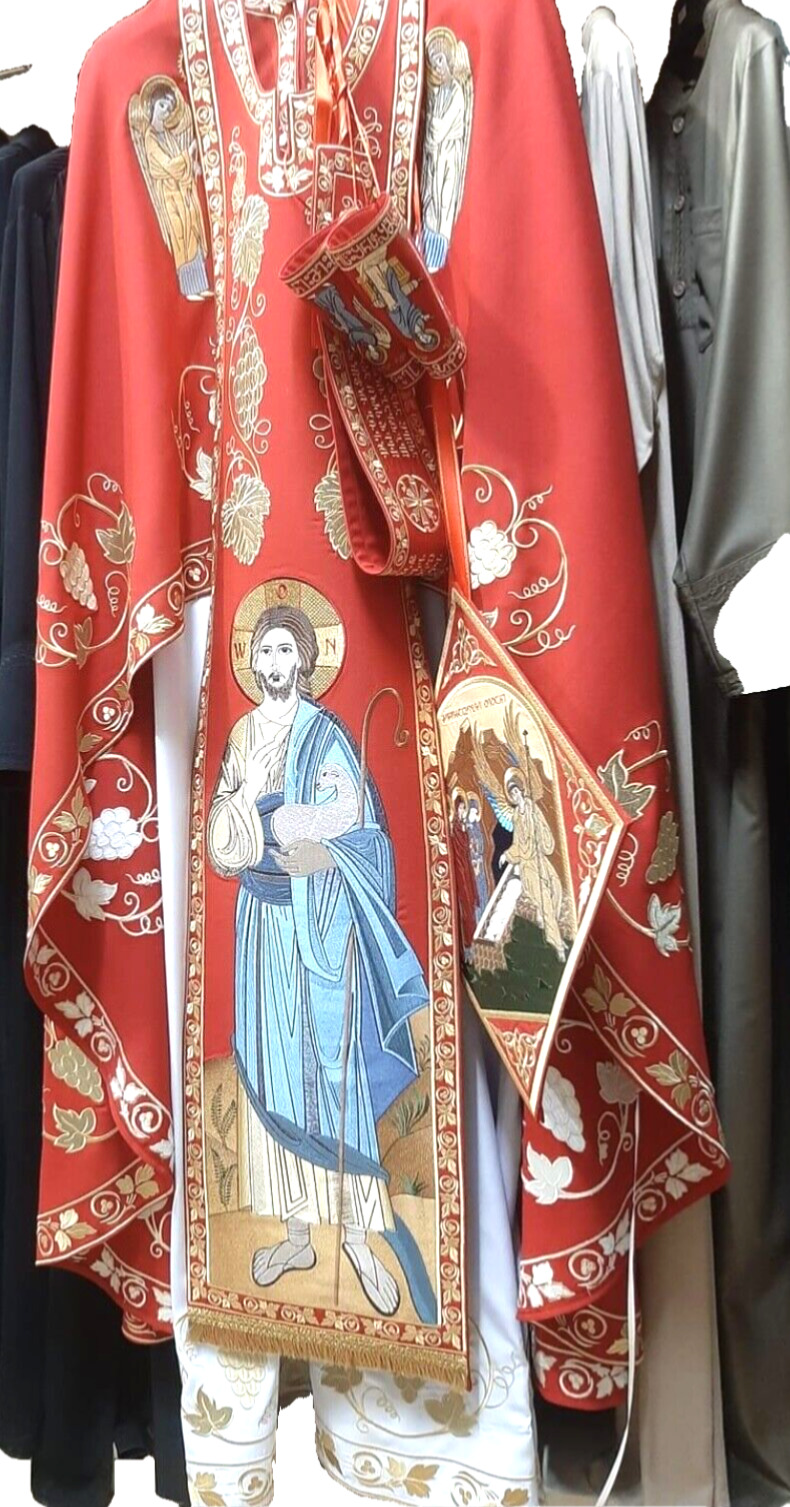 Orthodox chtistian priest embroidered red vestments