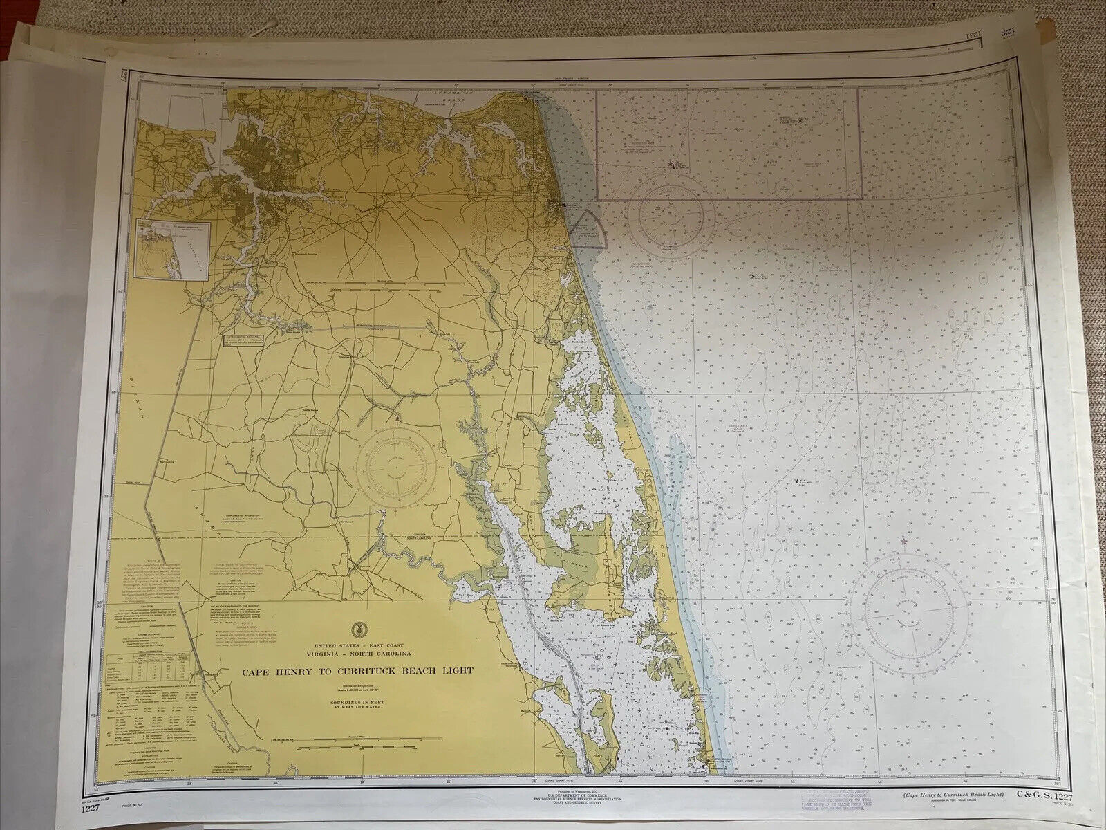 1968 Cape Henry To Currituck Beach,  Nautical Map/ Chart 1227, C&GS, 44”x34”