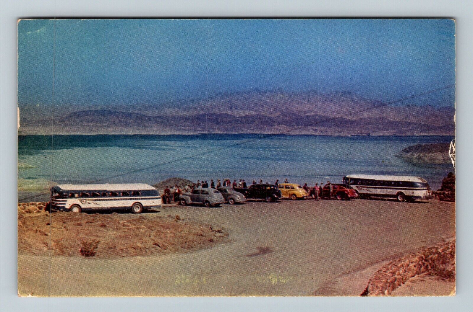 Hoover Dam NV-Nevada, Lakeview Point Tourist Bus Lake Mead Chrome c1952 Postcard