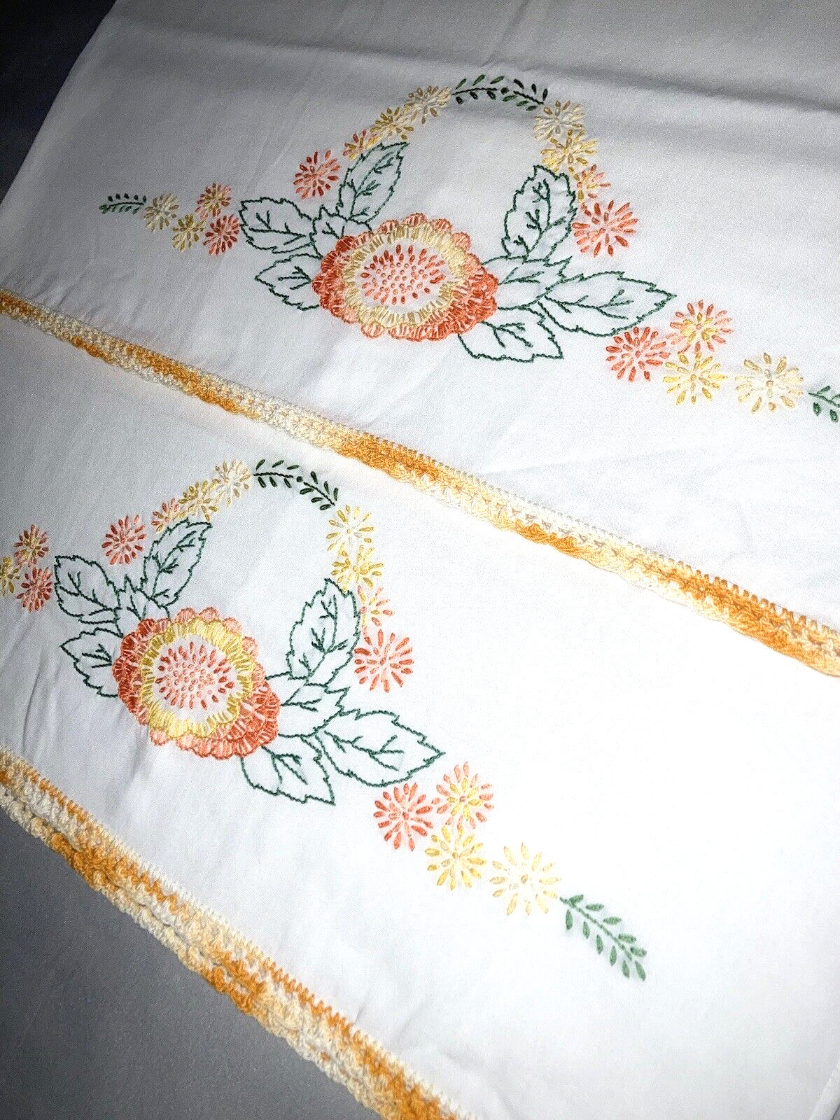 Vtg Pair Hand Embroidered White Pillowcases Orange Yellow Flowers Farmcore