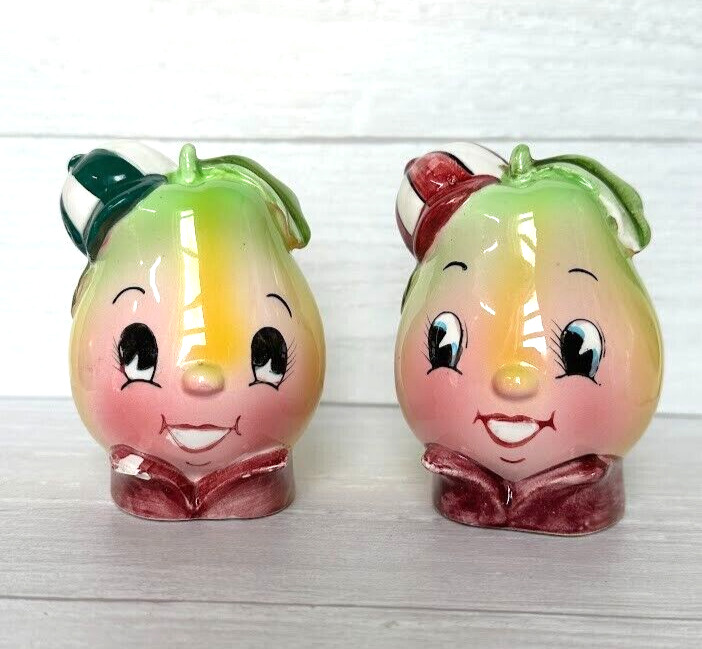 Napco Japan Anthropomorphic PEAR Salt Pepper Shakers Fruit Set 2 Vintage Cute