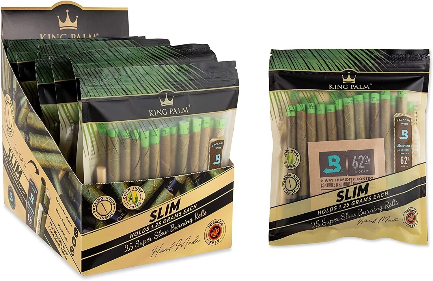 King Palm | Slim | Natural | Prerolled Palm Leafs | 8 Packs of 25 each =200Rolls