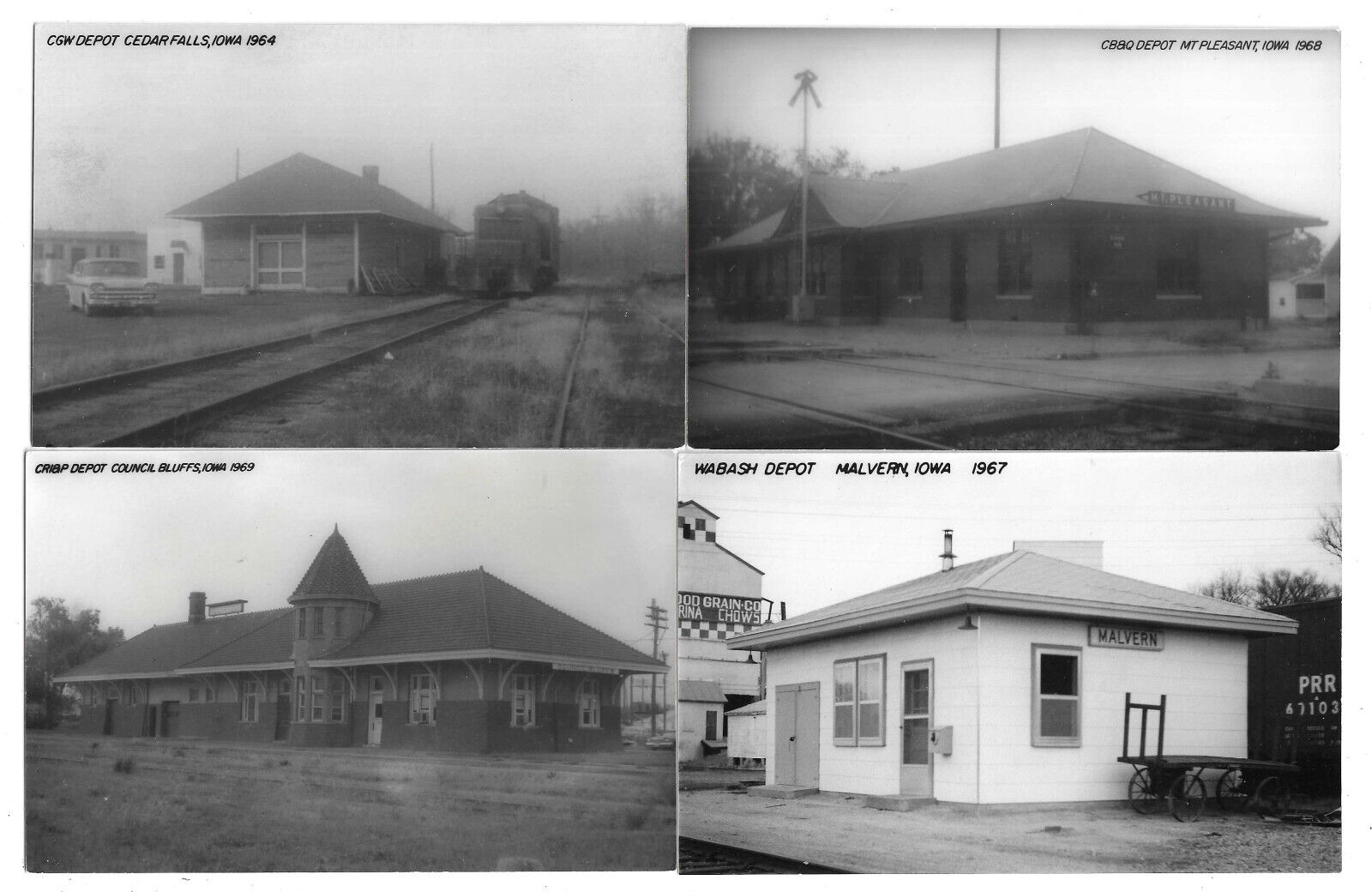 4 Train Depots Cedar Falls Council Bluffs Malvern Mt Pleasant  IA RPPC Postcards