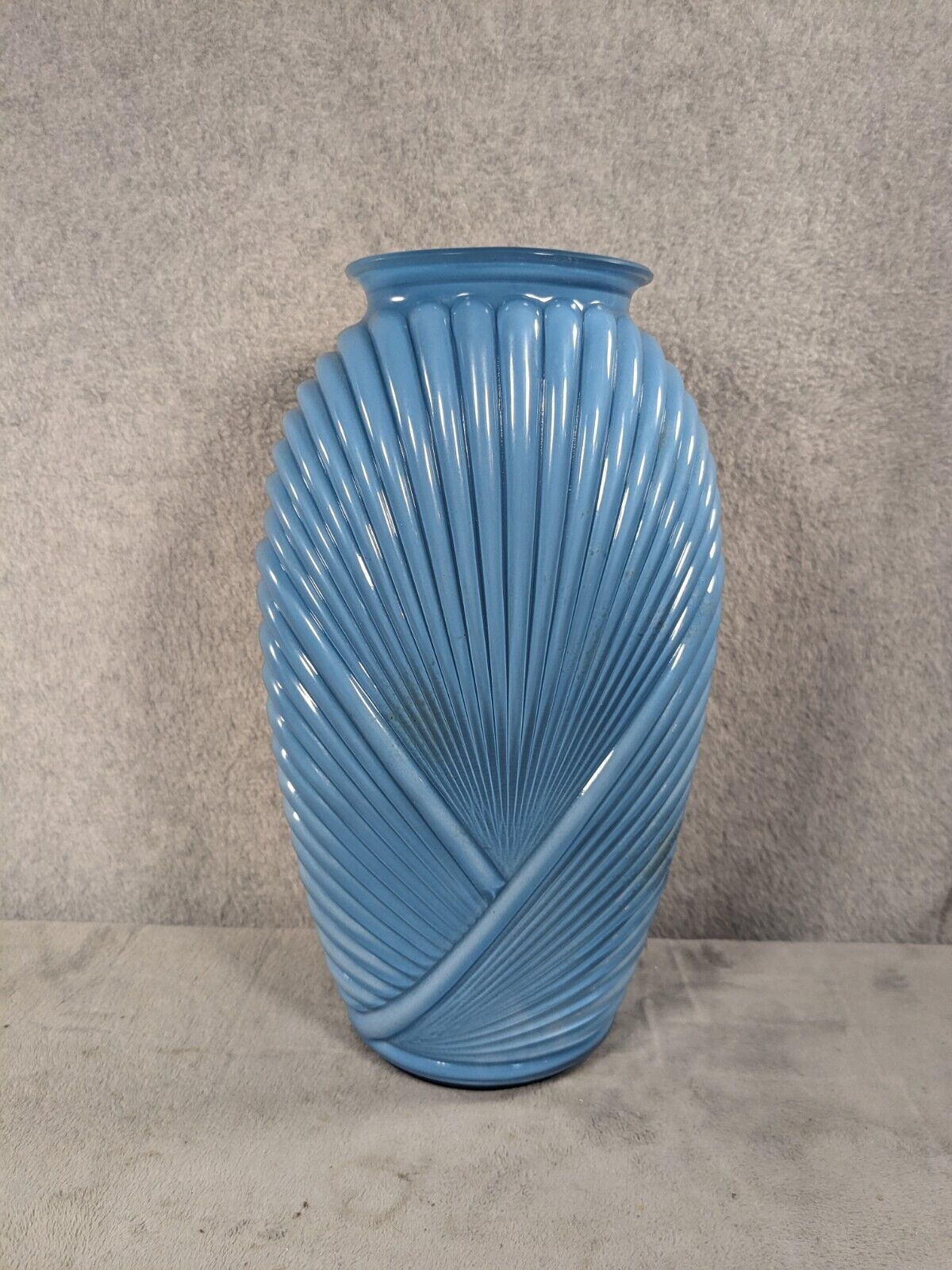 Vintage Anchor Hocking 12.5” Boho Blue Retro Art Deco Vase Geometric Drapped