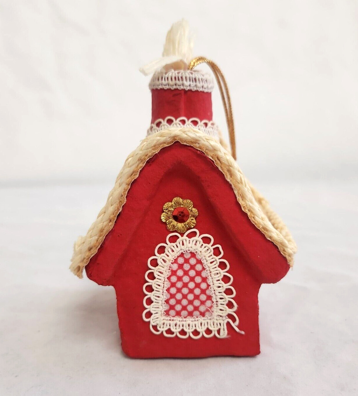 Vintage Mr Christmas Red House Ornament Sequins Cardboard Lace Putz Japan 1969