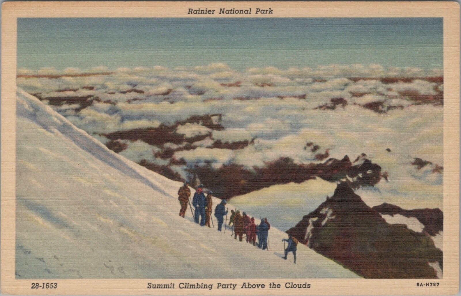 Mt Rainier Park Summit Climbing Party Above Clouds Washington c1940s linen D145
