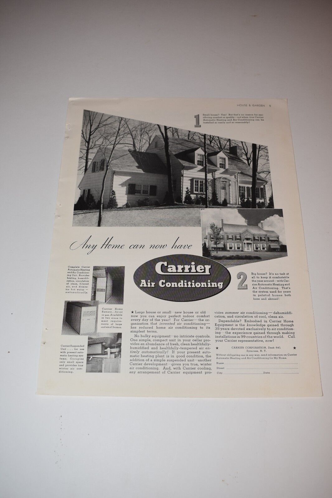 Vintage 1937 Carrier Air Conditioning ad. House & Garden Magazine