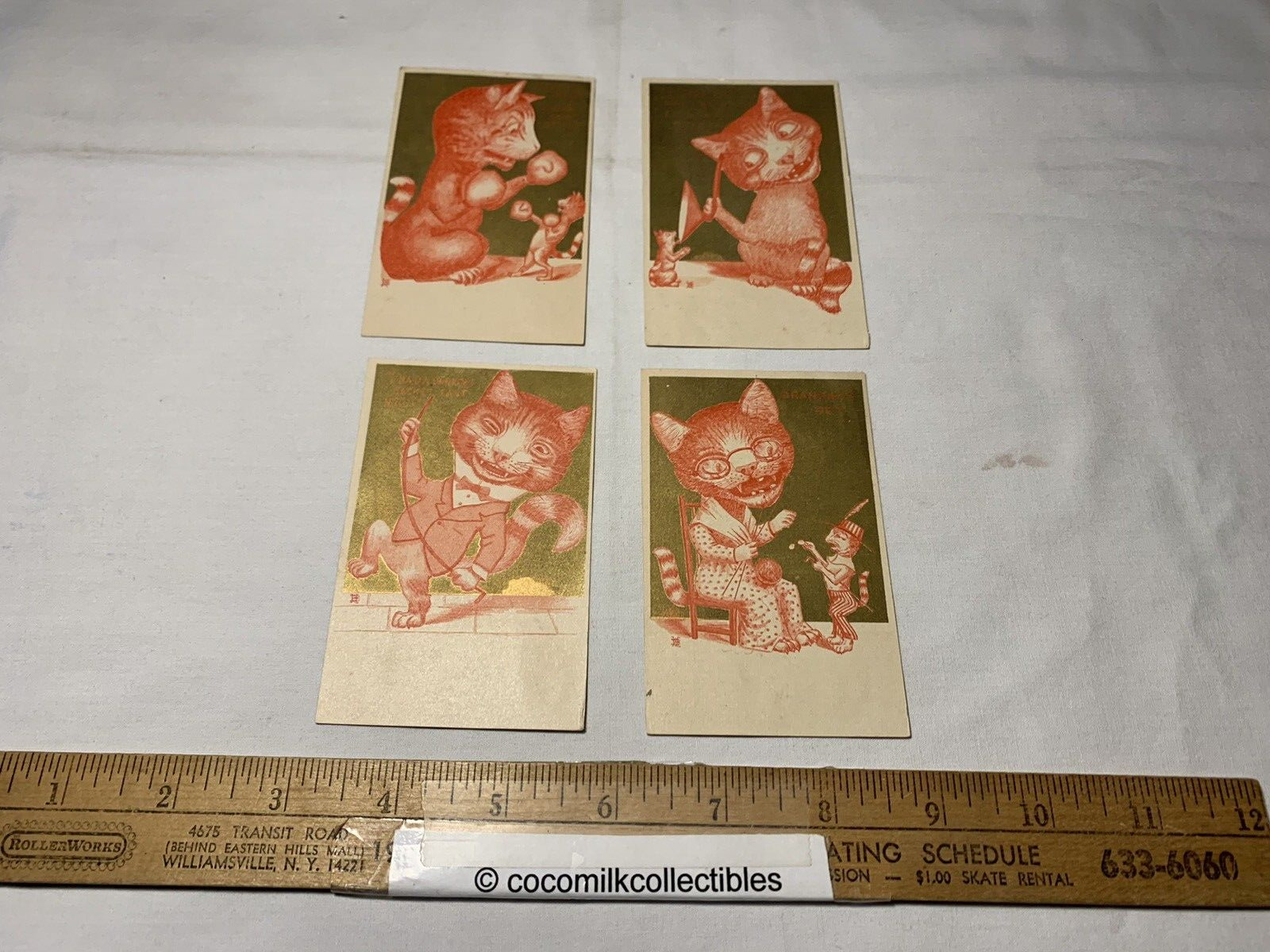 1880\'s Lot 4 Anthropomorphic Cat Kitten Victorian Trade Cards Boxing Knitting mo