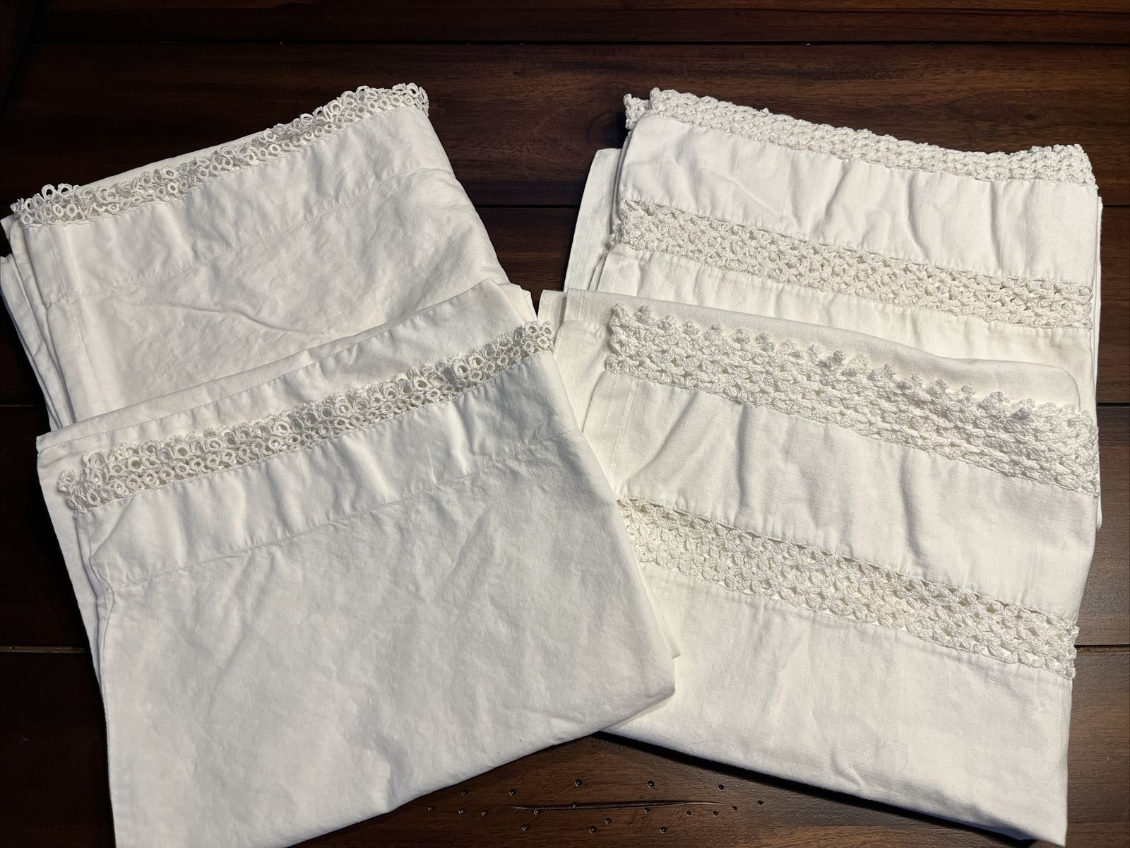 Two Pair (4) White Cotton Pillowcase with crochet trim; Queen Size