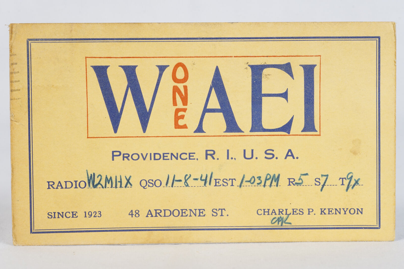 1941 Amateur Ham Radio QSL Card Providence Rhose Island W1AEI Charles Kenyon