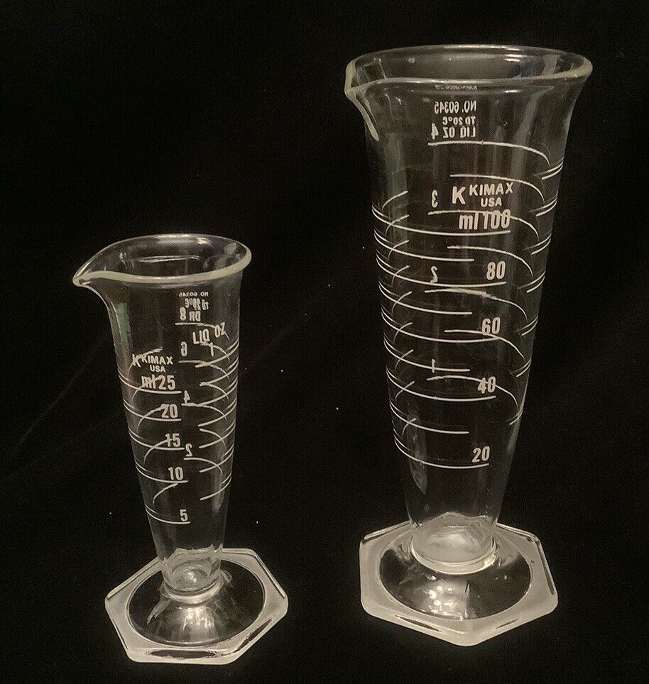 2 Vintage Conical Glass Beakers Kimax 100 ml & 25 ml Pharmacy Apothecary 