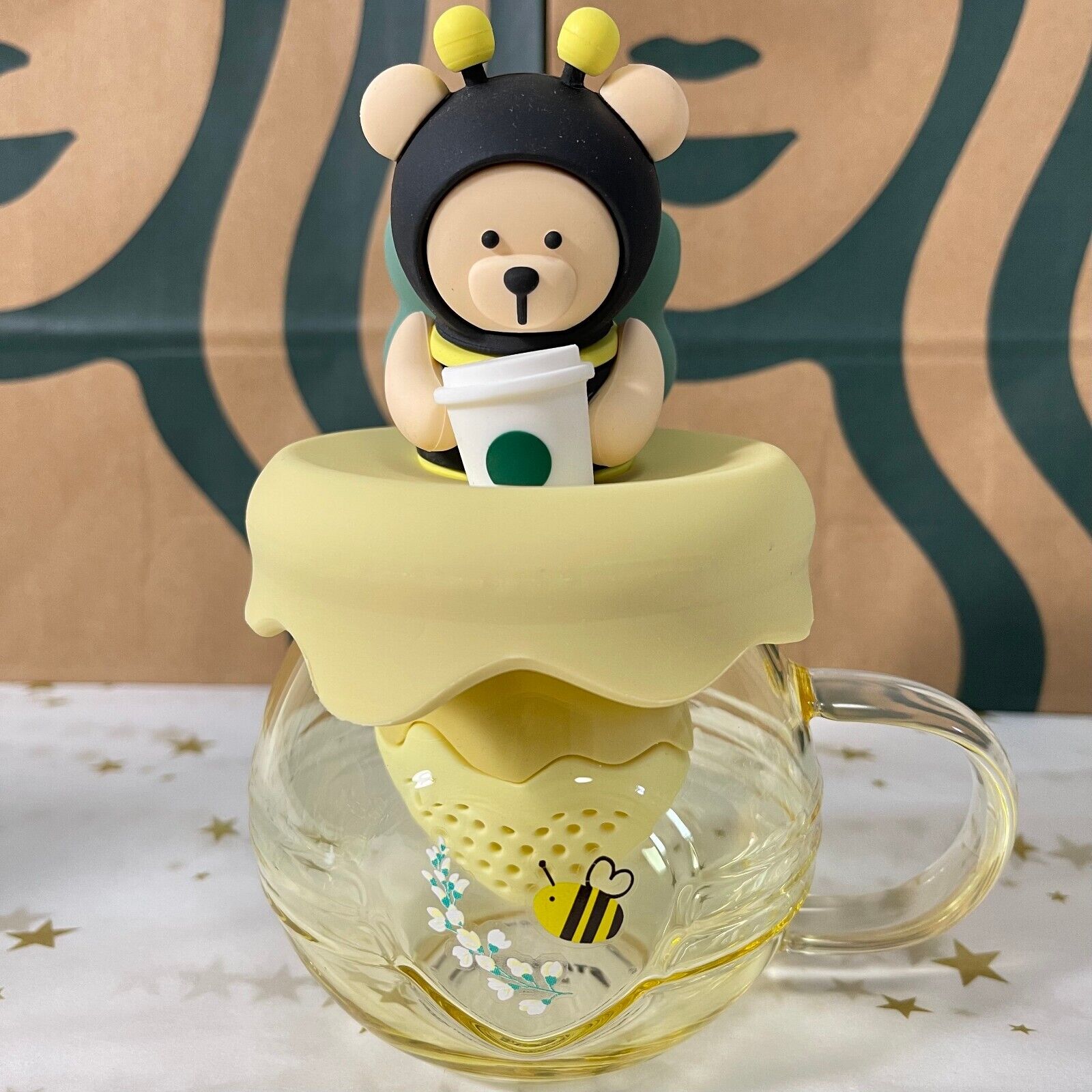 Starbucks Little bee Glass Mug Cup w/ lid Strainer Coffee Mug Honey Pot 13.86oz