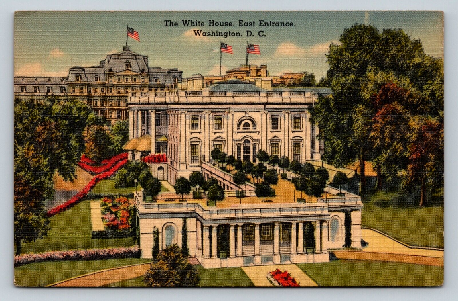 WW2 Era 1943 VINTAGE Postcard US Flags The White House East Entrance