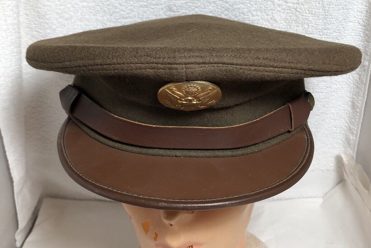 WWII Army Enlisted Service Cap Visor Hat With Rain Cover Size 7 1/8