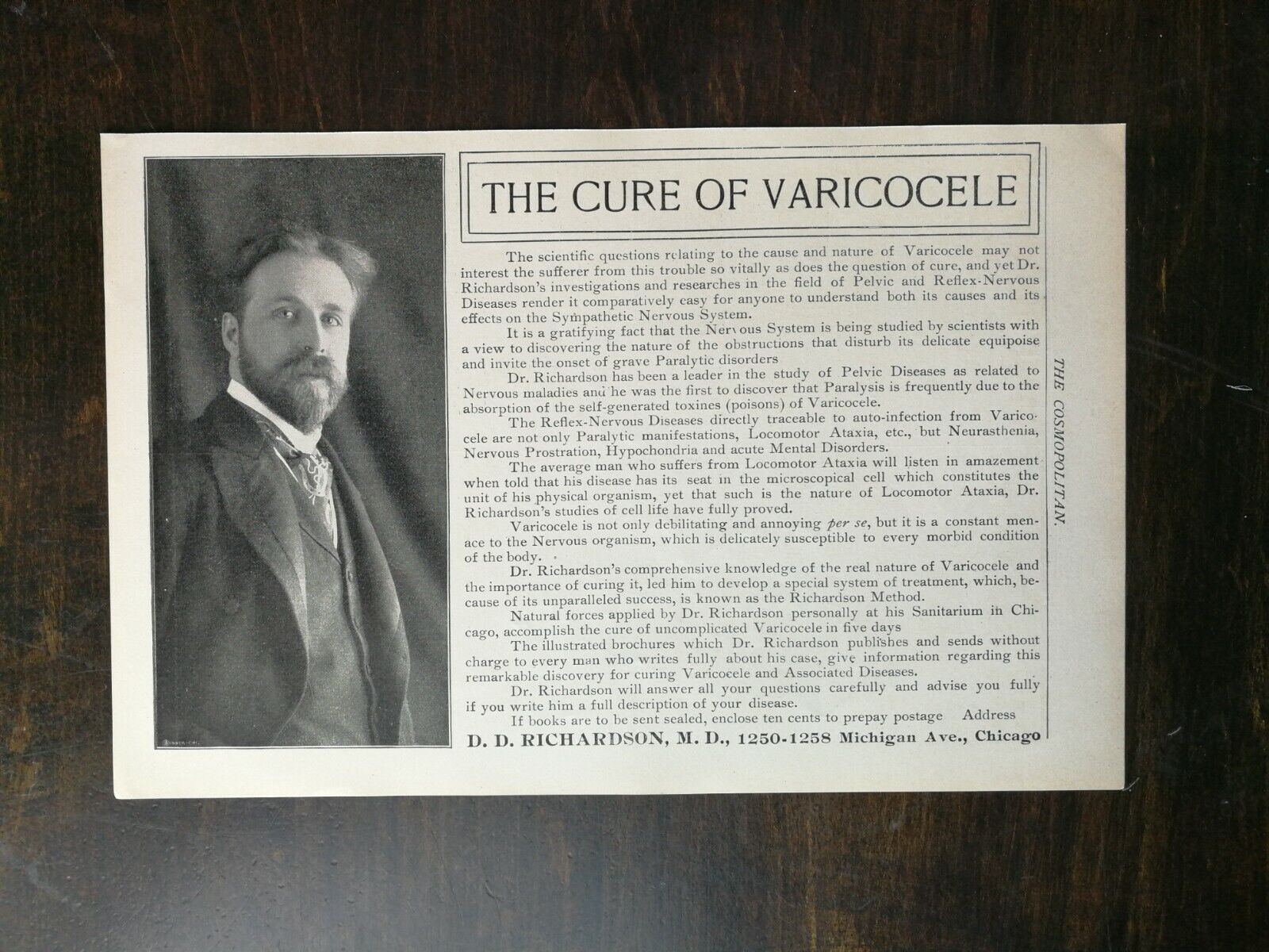 Vintage 1901 The Cure of Varicocele D.D. Richardson M.D. Full Page Original Ad