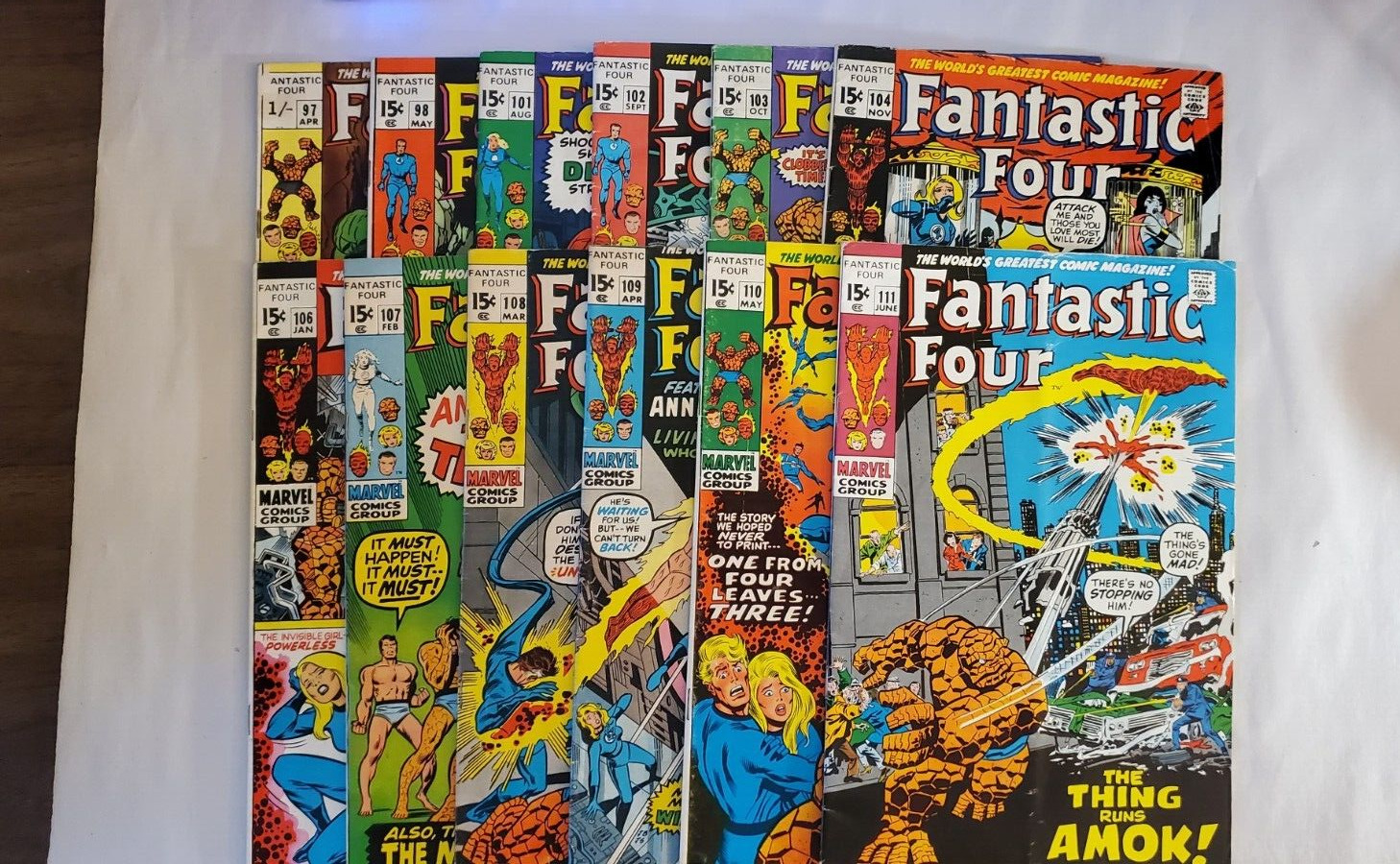 Fantastic Four #97 through 111 Marvel Comics 1970 12 books ave 6.5 range 4.0/9.0