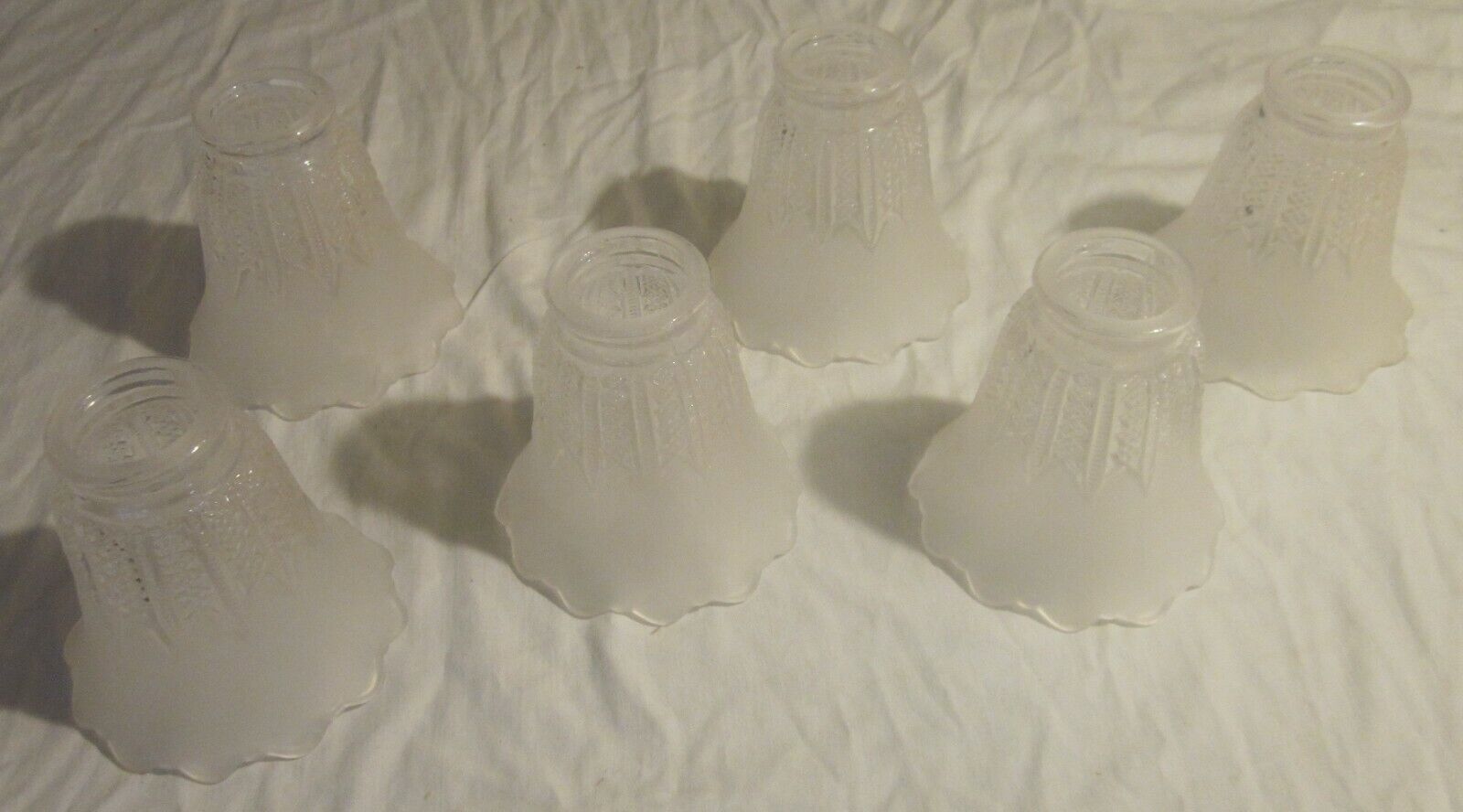 Set of 6 Matching PRESSED & FROSTED GLASS LIGHT SHADES -- Art Deco or Depression