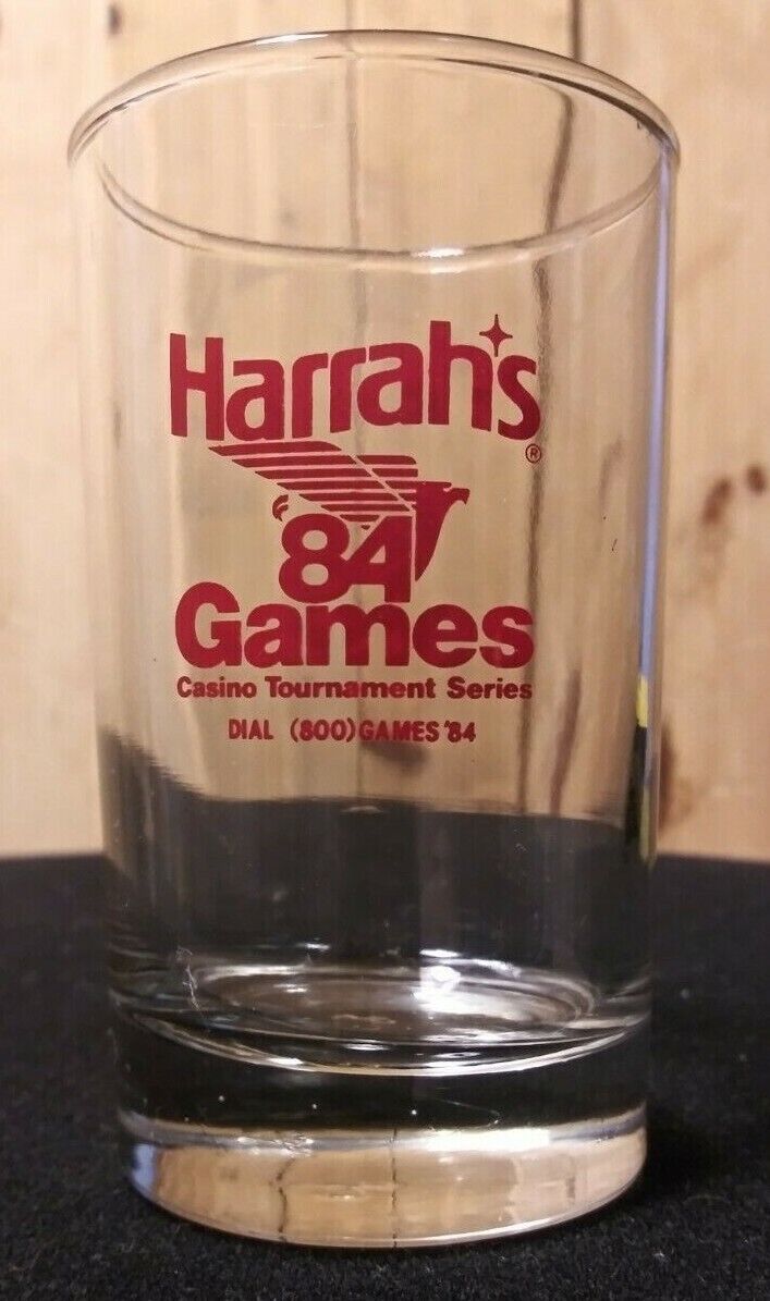  HARRAH\'S \'84 GAMES, CASINO TOURNAMENT SERIES. SOUVENIR HIGHBALL SHOT GLASS. 