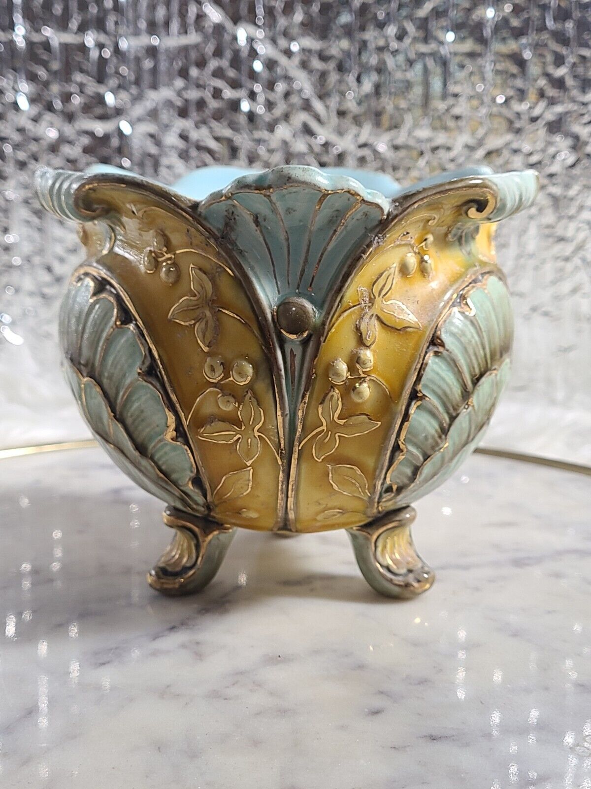 Rare Ceramic Majolica Planter Gold Turquoise Floral Art Deco Antique Footed 5\