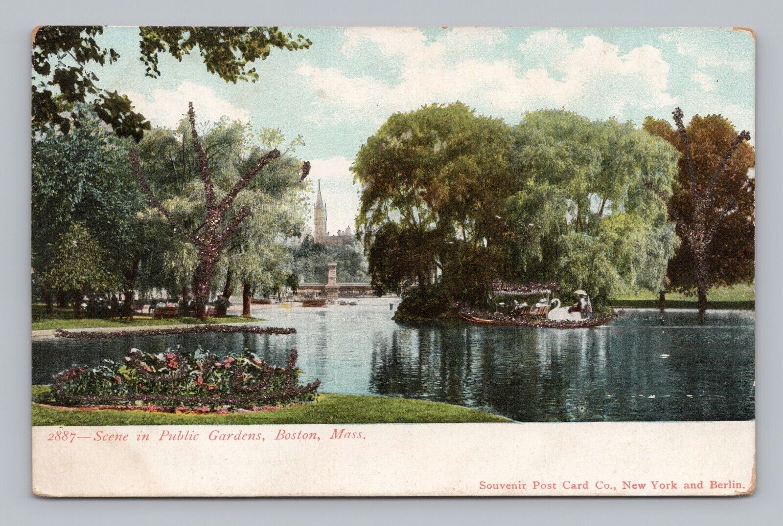 Postcard UDB Scene in Public Gardens Boston Massachusetts Glitter Embellishments