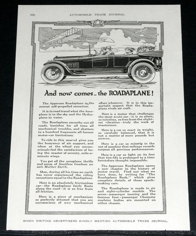 1917 OLD MAGAZINE PRINT AD, APPERSON ROADAPLANE TOURING CAR, RIVALS AIRCRAFT