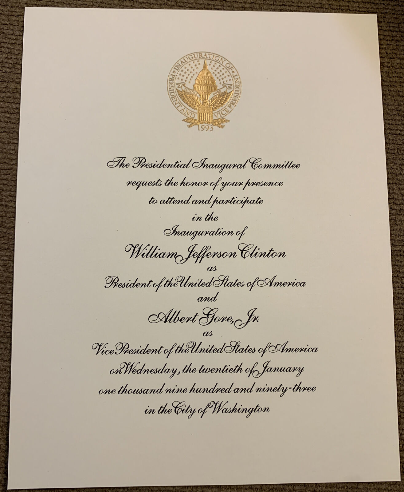 Bill  Clinton original 1993 inaugural  invitation