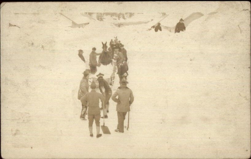 Men w/ Shovels Snow Scene Fort Liscum Alaska AK Cancel Real Photo Postcard