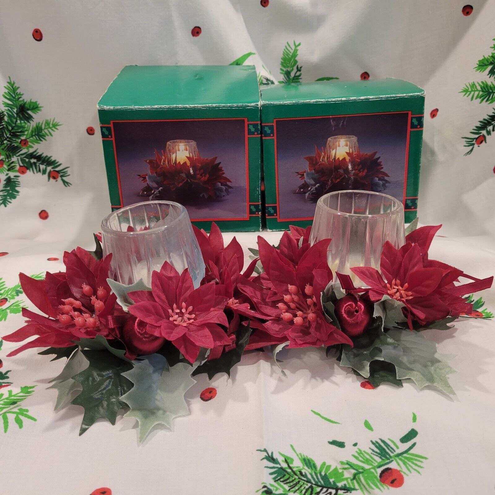 Vintage Christmas Votive Holder with Flocked Poinsettias in Box Set of 2