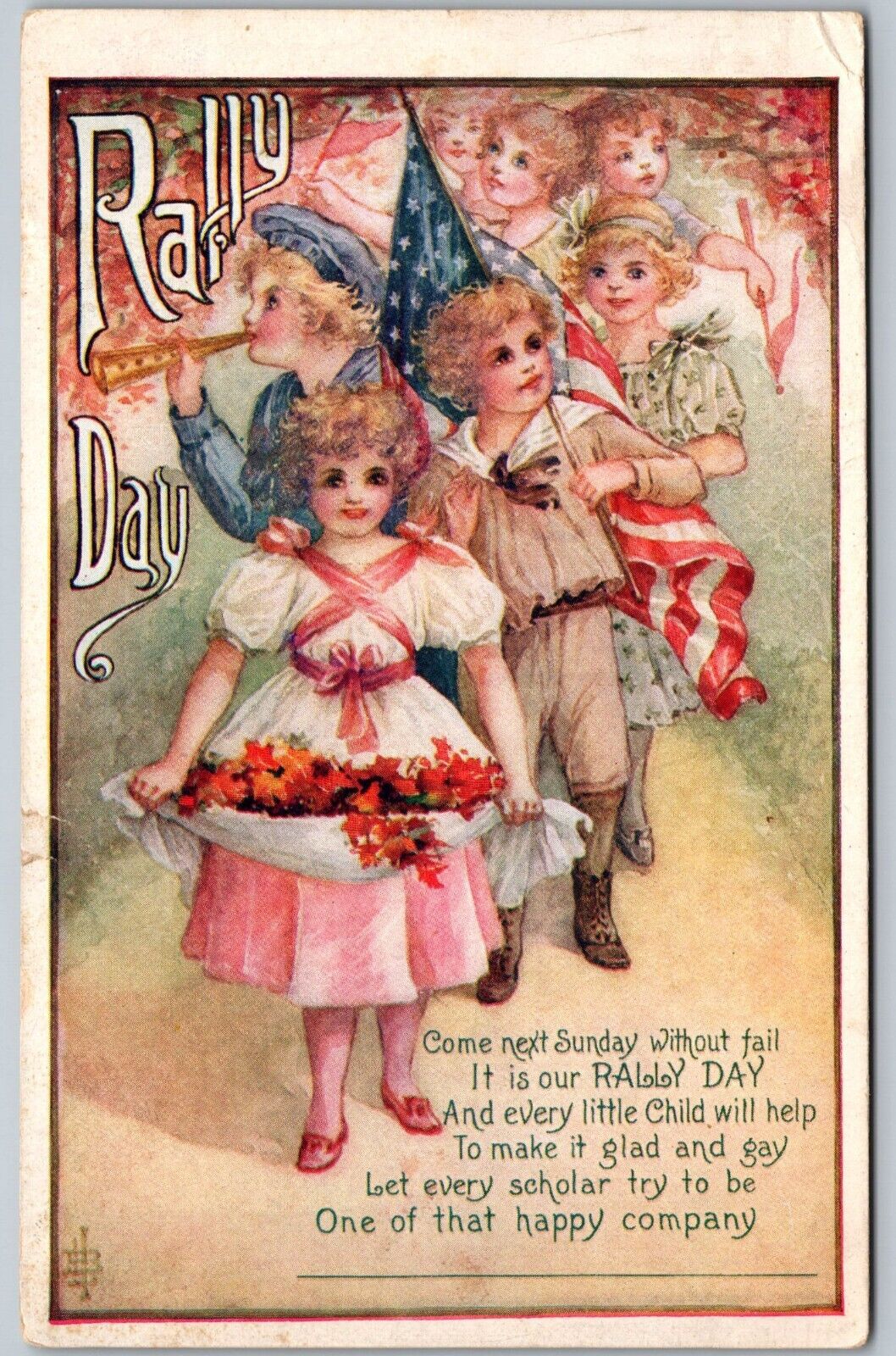 1913 Rally Day Postcard - Children Celebrating w/ Flag - Warsaw NY