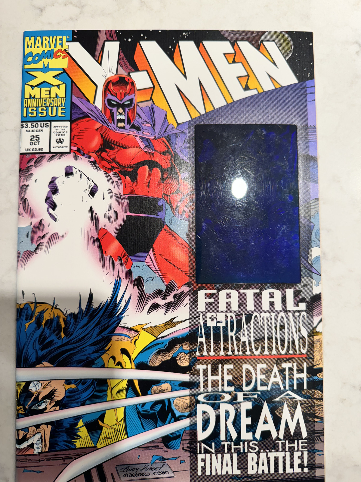 X-Men #25  - RARE BLUE HOLOGRAM ERROR - Magneto pulls Adamantium from Wolverine