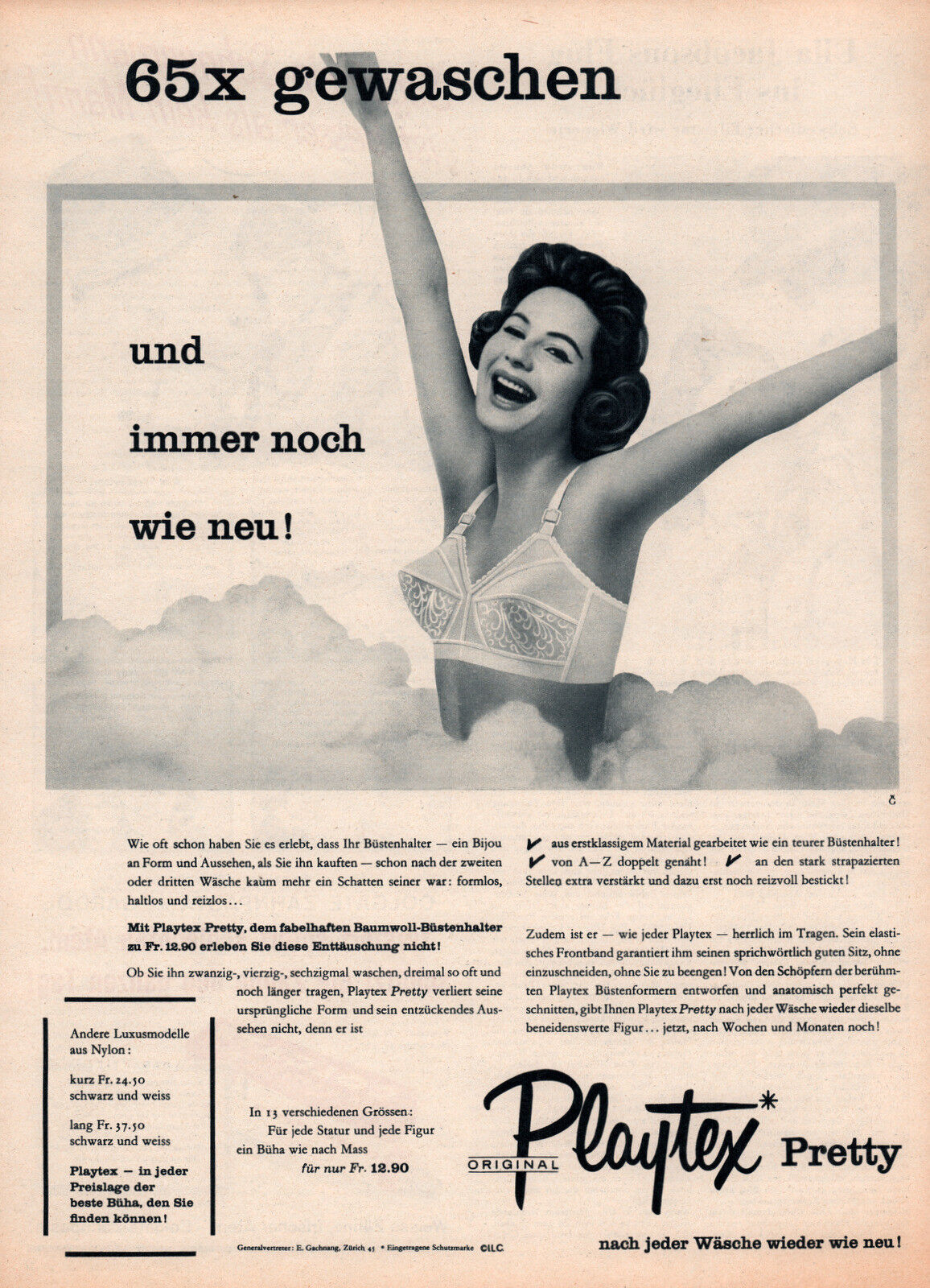  1959 A AD SWISS  PLAYTEX BRA BULLET HAPPY BRUNETTE IN CLOUDS 
