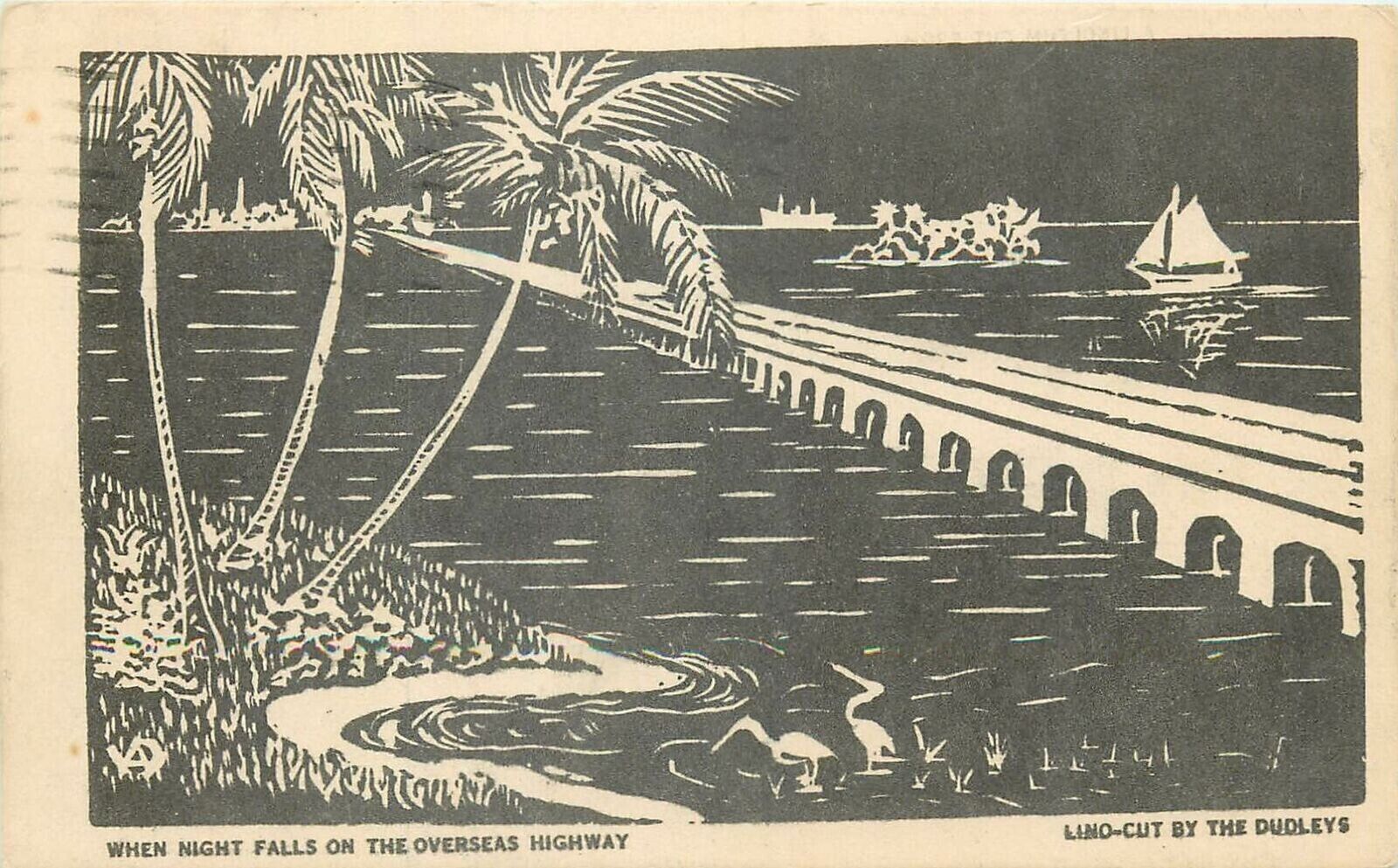 Linoleum Cut Dudley Studio of Arts & Crafts 1942 Florida Key West night highway