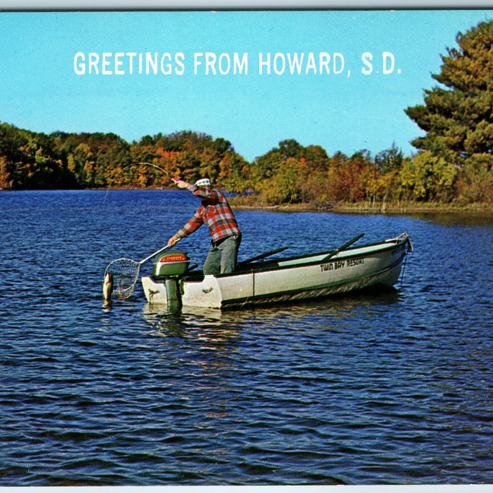 c1960s Howard, SD South Dakota Greetings Man Fishing Boat Lunkers PC So Dak A236