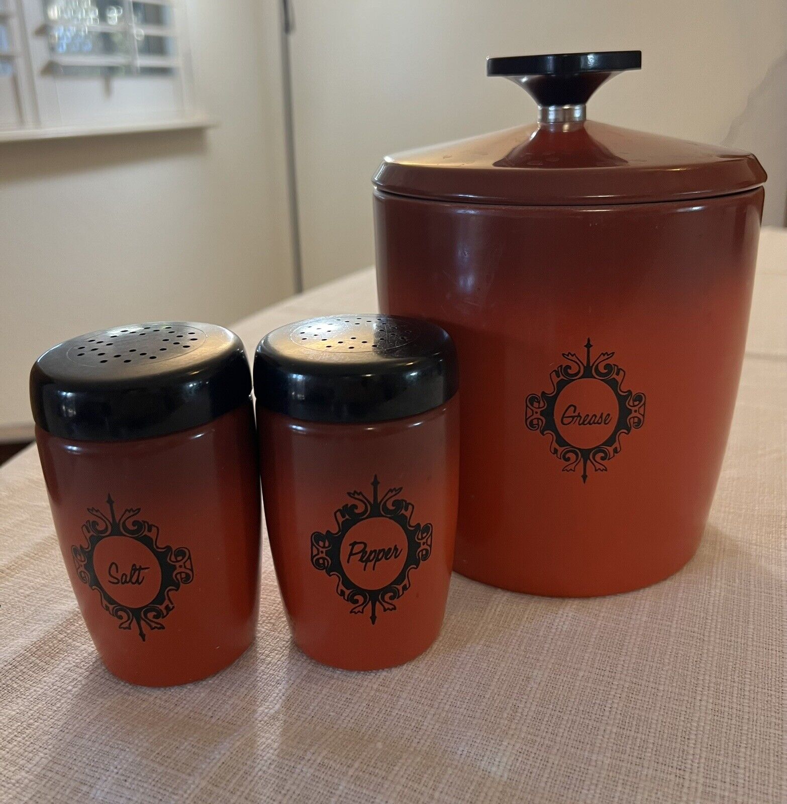 Vintage West Bend Metal Grease Canister Can With Lid, Salt & Pepper Shakers