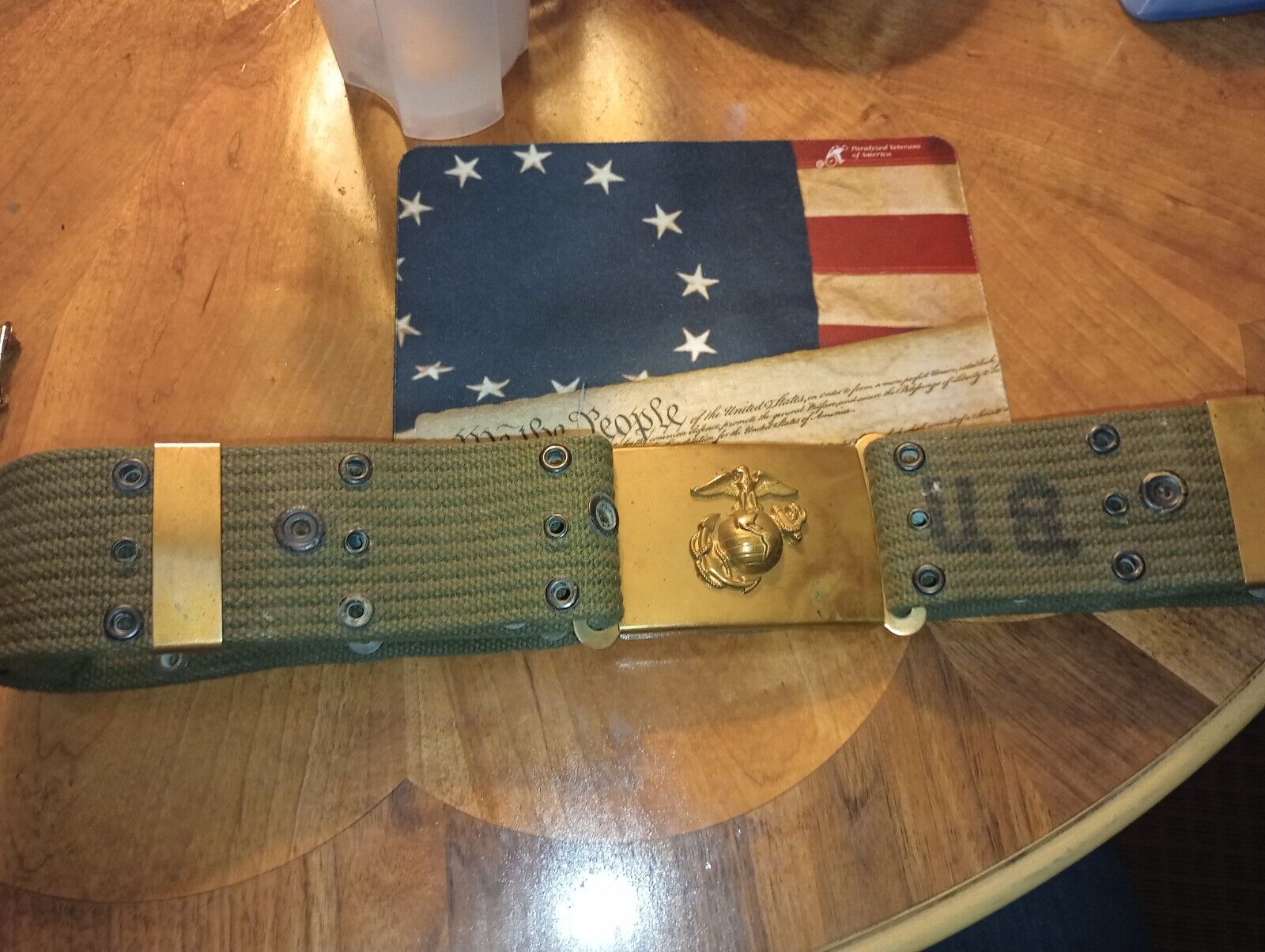 US Marine Corps Belt and Brass Belt Buckle, USMC, NCO With Wreath Brass