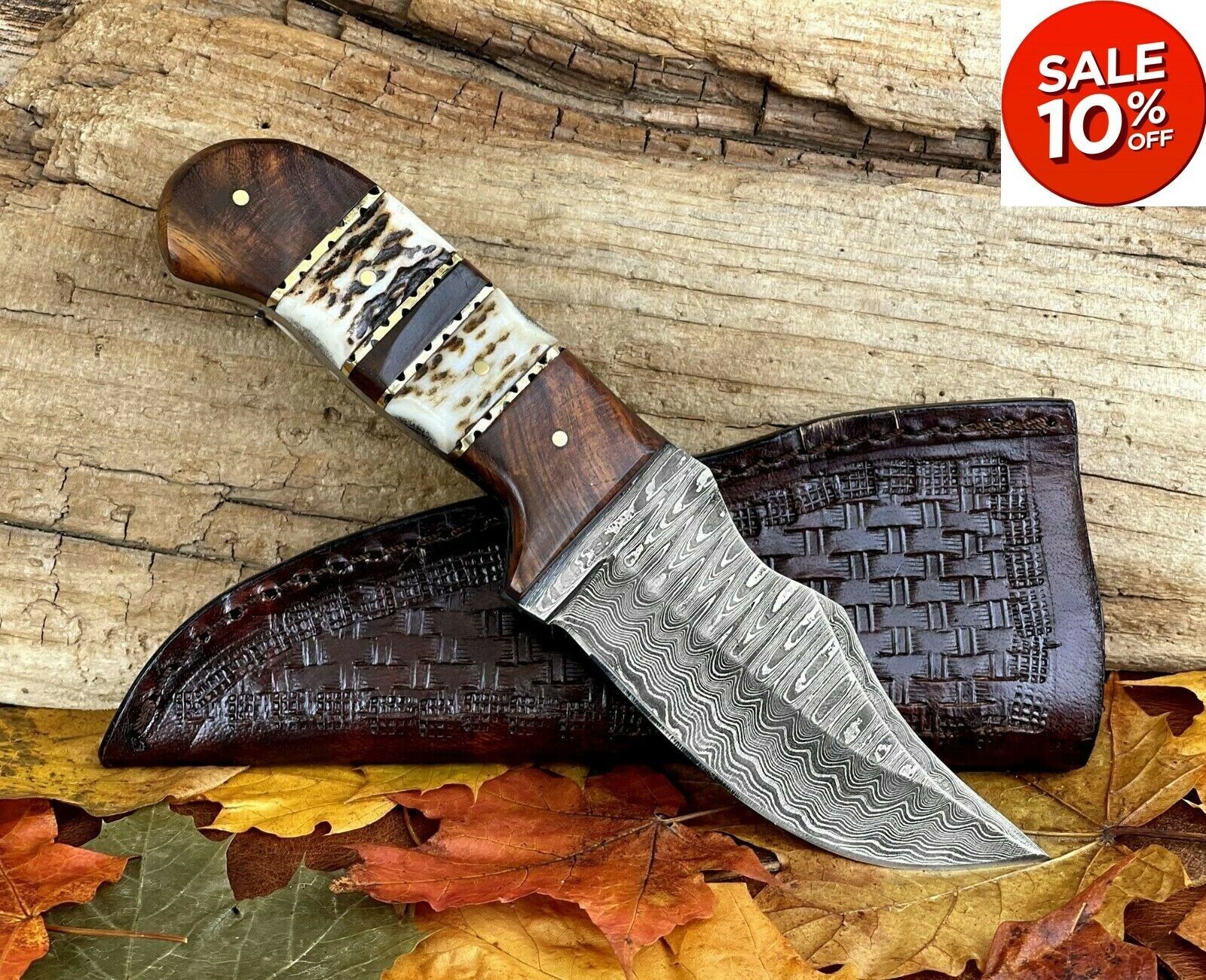 Damascus Steel Knife Custom Stag Antler Handle Full Tang Camping Hunting Knives