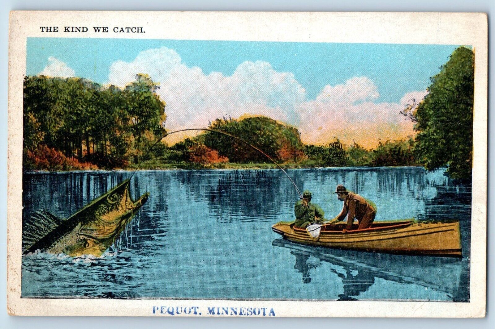 Pequot Minnesota Postcard The Kind We Catch Fishing Exaggerated Boat  Lake 1920