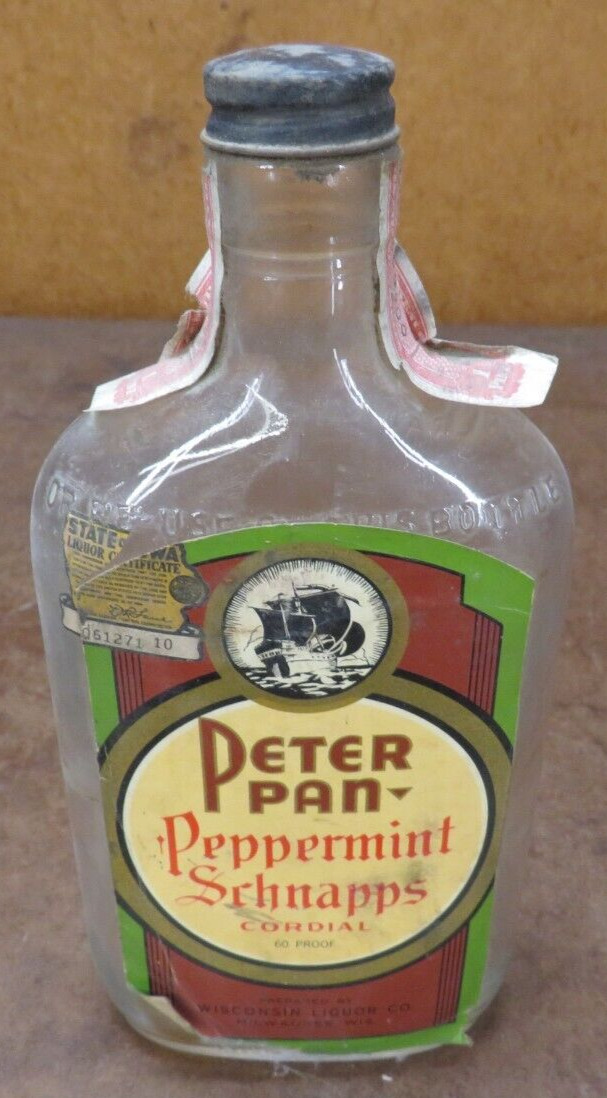 Peppermint Schnapps PETER PAN label pint Bottle EMPTY Flask tax stamp 1946